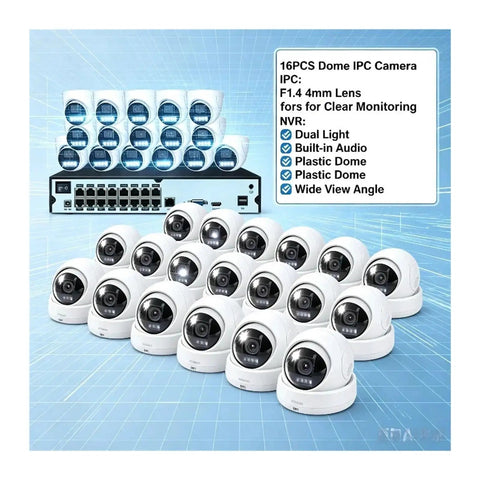 16CH 4K PoE NVR Security Dome Camera System 8Mp Full Color Night Vision Waterproof Surveillance Kit with 16 cameras and NVR.