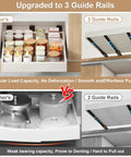 Kickass Pull Out Cabinet Organizer With No Sweat Adhesive Mount For Kitchens Expandable From Fourteen To Twenty One Inches Wide And Seventeen To Twenty Four Inches Deep Easy DIY Placement Total Space Saver For Cluttered Drawers comparison photo showing three guide rails vs two for better load capacity and drawer access.