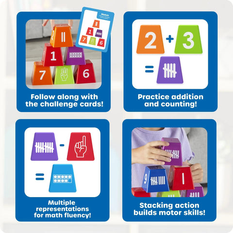 Number Stackers Math Manipulatives Set For Kids showing cups and cards for counting and fine motor skills practice.