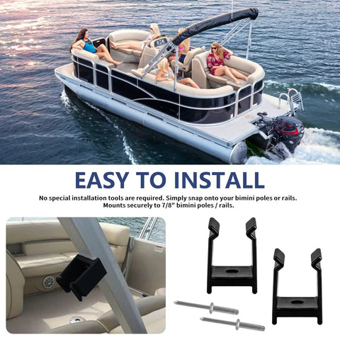 Pontoon boat with Anti-Rattle Pontoon Bimini Clips For Square Tube Frames That Keep Your Top From Shaking On Windy Rides shown in use.