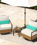 Three Piece Outdoor Bistro Set With 360 Swivel Rocking Chair And Two Tier Solid Acacia Wood Sliding Coffee Table White Six Inch Cushions For Backyard Or Poolside Vibes, two chairs and table on patio