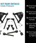 Kick That Wobbly Vibe To The Curb With This Fresh Ten Piece Front Steering And Suspension Kit Featuring Control Arms And Tie Rods For Crisp Responsive Driving, displaying all components.