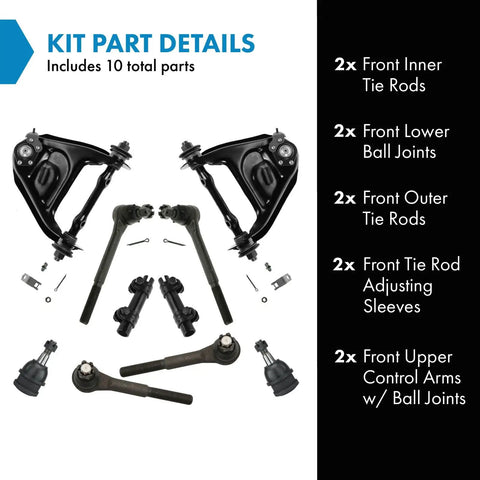 Kick That Wobbly Vibe To The Curb With This Fresh Ten Piece Front Steering And Suspension Kit Featuring Control Arms And Tie Rods For Crisp Responsive Driving, displaying all components.