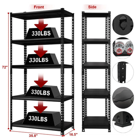 Super Heavy Duty Five Tier Adjustable Storage Shelves Built Like A Tank For Garage And Warehouse Organization, side view showing weight capacity of 330 lbs.