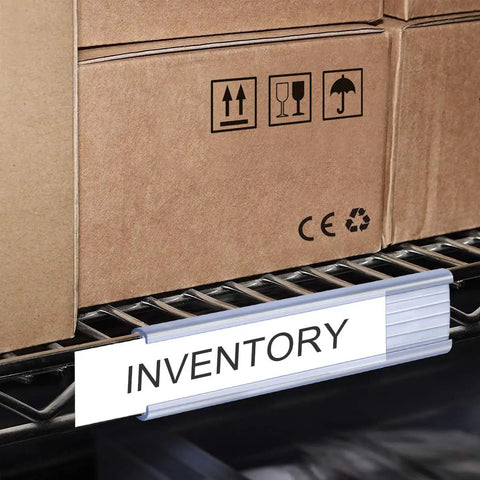 Twenty Piece Plastic Wire Shelf Label Holders Fit Like A Champ On Metro And Nexel One Quarter Inch Racks Hassle Free Snap Clip Setup for 'INVENTORY' display
