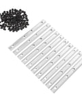 Rock Solid Aluminum Profile Connector Bracket Set For 3D Printers And Cnc Routers Heavy Duty Zinc Plated hardware pieces, silver metal bars with holes.