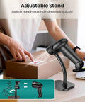 Barcode Scanner With Stand, Bluetooth And Wireless USB Wired Options, No Brainer Setup For POS And Inventory, Workhorse 2D 1D QR Code Reader on desk