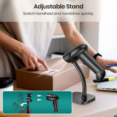 Barcode Scanner With Stand, Bluetooth And Wireless USB Wired Options, No Brainer Setup For POS And Inventory, Workhorse 2D 1D QR Code Reader on desk