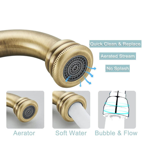 Aerator detail of Antique Brass Swivel Spout Bathroom Faucet With Single Lever Mixer Tap Vanity Sink Faucet With Pop Up Drain