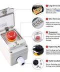 Heavy Duty Emergency Stop Switch With Weatherproof Box, 660V 10A Red E Stop Button, IP67 Rated with protective cover.