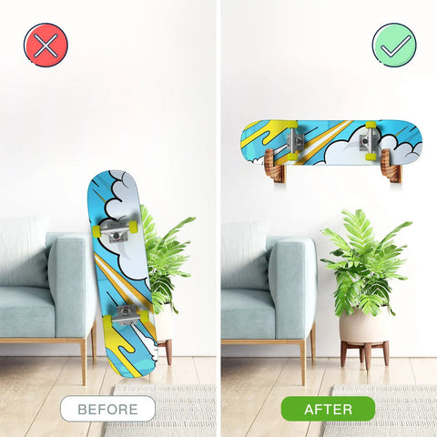 Retro Acrylic Skateboard Wall Mount And Snowboard Display Rack For Fresh Setup Deck Stash shows skateboard displayed and stored.