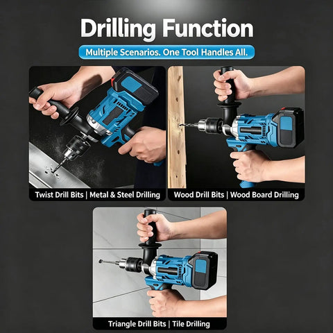 Cordless Drill And Cement Mixer With 2 Speed Torque Control Plus 180 Degree Swivel Handle For Mortar Grout And Wood Drilling in action, drilling metal, wood, and tile.