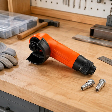 Workhorse Heavy Duty Handheld Angle Grinder Perfect For Wood Metal Cutting Rust Stripping And Quick Trim Work In Tight Corners With No Sweat Handling on wooden workbench.