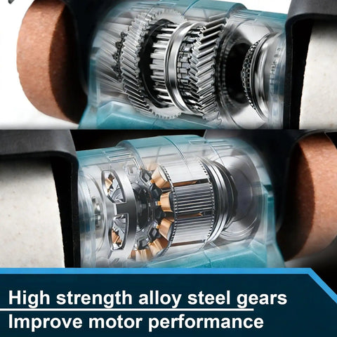 No Drama Heavy Duty Bench Grinder With Permanent Magnet Motor Spinning At 5500RPM And 70mm Grinding Wheels showing internal high strength alloy steel gears.