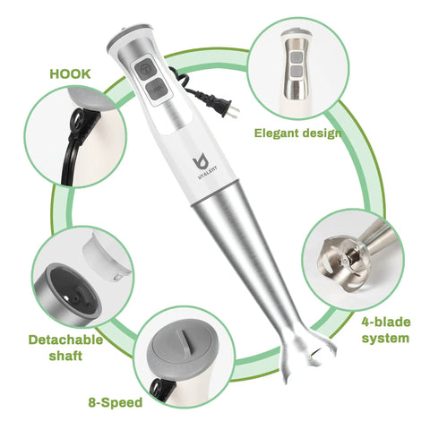 Immersion Hand Blender 3-in-1, 8-Speed Stick Blender With Milk Frother And Egg Whisk, shown with detachable attachments.