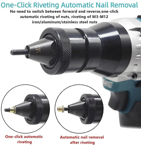 Close-up of Total Badass Cordless Automatic Rivet Nut Gun With Brushless Motor and its nuts for M3-M12 sizes