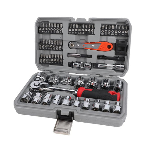 Open case showing Three Eighths Inch Socket Set, Sixty-Four Piece Ratchet Wrench Kit With 72-Tooth Ratchet And Bit Driver for car repair
