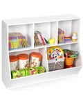 Totally Kid Approved Bookshelf And Storage Organizer For Playroom With Open Wooden Bookcase Shelves Toy Cabinet Featuring Smooth Rounded Edges And Super Sturdy White Finish, displaying colorful books and toys.
