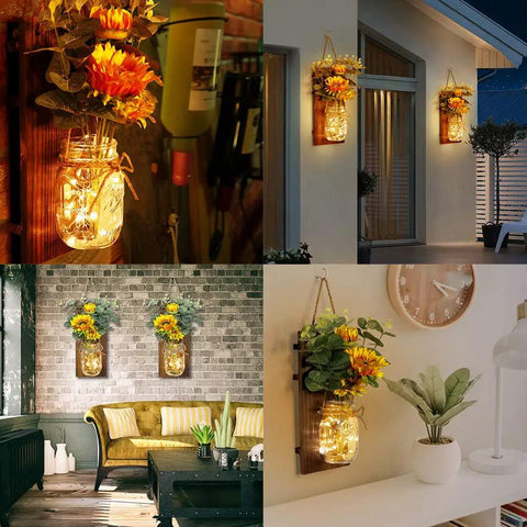 Set Of Two Sunflower Mason Jar Wall Sconces With Remote Control, Farmhouse Wall Decor in various home settings