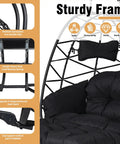 Sturdy frame details of Two Person Outdoor Double Egg Chair With Stand And Adjustable Canopy For Patio And Garden Black