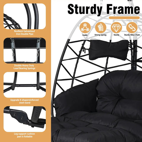 Sturdy frame details of Two Person Outdoor Double Egg Chair With Stand And Adjustable Canopy For Patio And Garden Black