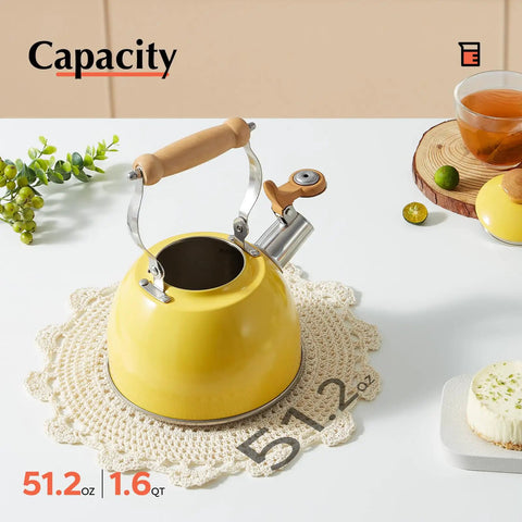 Yellow 1.6 Quart Tea Kettle With Cool Touch Wooden Handle Food Grade Stainless Steel Stovetop Teapot Whistling Kettle For Easy Pour Ergonomic Grip Safe Heat Resistant Kitchen Accessory on white table