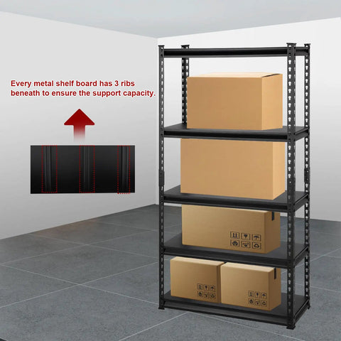 Super Heavy Duty Five Tier Adjustable Storage Shelves Built Like A Tank For Garage And Warehouse Organization, features sturdy shelf board support.