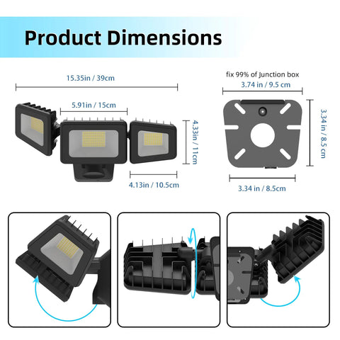 Product dimensions of Beast Mode 120W LED Flood Lights Outdoor 12000 Lumens IP66 Waterproof Security Light displayed with measurements.