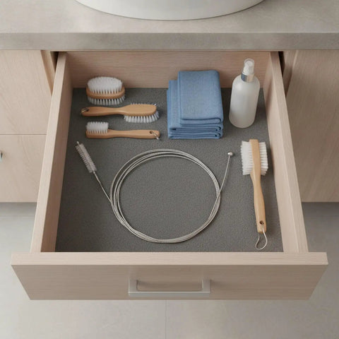 Heavy Duty Flexible Steel Drain Auger Knocks Stubborn Sink Clogs Dead alongside cleaning brushes and towels in a bathroom drawer.