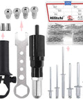 Professional Rivet Gun Adapter Kit With Flex Head And 210 Pcs Assorted M3 M4 M5 Aluminum Pop Rivets Includes Wrench And Clamping Fixture showing tools and rivets