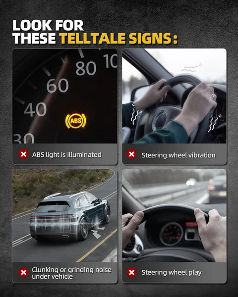Image showing warning signs like ABS light, steering vibration, and grinding noise for vehicle maintenance guidance.