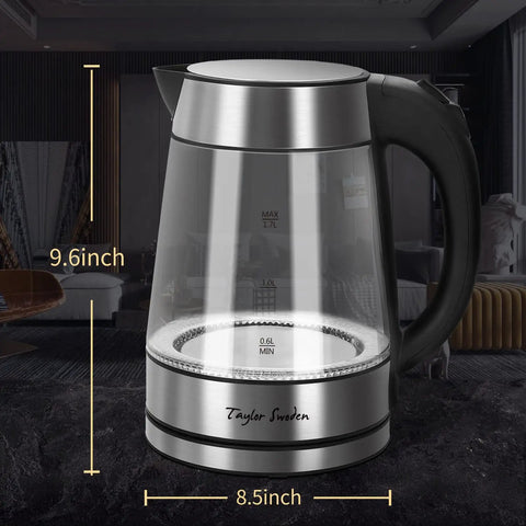 Glass Electric Kettle 1.7 Liter Fast Boil Cordless Water Boiler with Auto Shutoff, BPA Free, Easy Pour, front view in a room setting.