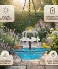 3 Tier Solar Powered Hanging Bird Bath Fountain With Blue Bowl For Hummingbirds, Outdoor Garden Patio Yard Decor That Delivers Chill Water Cascade, No Wires, No Batteries