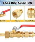 One Half Inch NPT To Three Eighth Inch Male Flare Brass Hex Nipples Hose Connectors for easy installation shown with ball valve and adapter