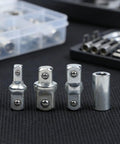 Four Piece Ratchet Wrench Socket Adapter Set With Chrome Vanadium Steel Construction Drive Converters And Reducers displayed