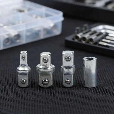 Four Piece Ratchet Wrench Socket Adapter Set With Chrome Vanadium Steel Construction Drive Converters And Reducers displayed