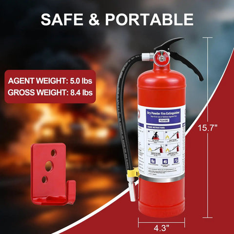 5 Lb Abc Dry Chemical Fire Extinguisher With Wall Mount And 2A 10B C Rating, 15.7 inches tall, 5 lbs agent weight, portable design.