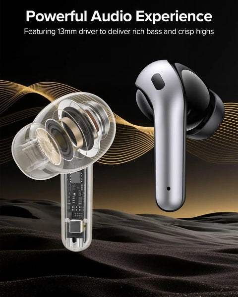True Wireless Bluetooth Earbuds With 60 Hours Of All Day Juice And Dual Led Power Display Featuring IPX5 Waterproof Rating Portable Wireless Charging Case Built In Microphone For Phone Laptop And Gym Workouts Total Game Changer showing internal components and sleek design.