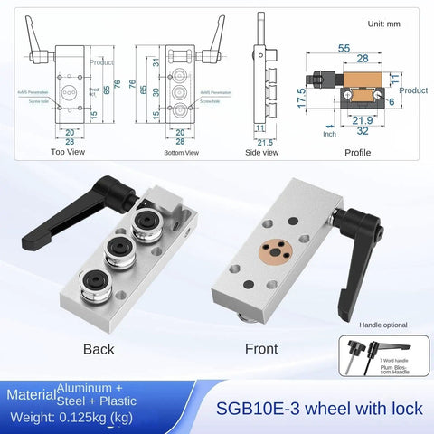 SgR10e 500Mm Linear Guide Rail Kit Paired With Two SgB10e3 Sealed Ball Bearing Blocks Top Shelf For Cnc Printers And Maker Projects Smooth Tracking Built Rock Solid Steel showing front and back views of SgB10E-3 wheel with lock.
