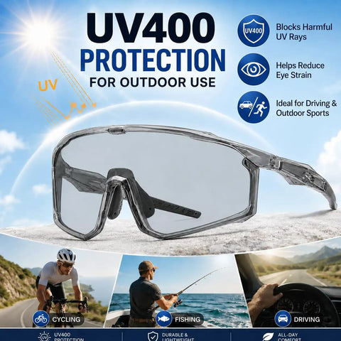 Kick Everyday Glare To The Curb With These Ultra Light Photochromic Polarized Safety Glasses Featuring Rapid Lens Tinting Rock Solid UV Protection And Zero Eye Strain For Riding And Travel, UV400 protection sunglasses with clear lenses and a semi-rimless design.