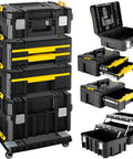 Rolling Tool Box With Wheels, 4-In-1 Modular Organizer System showing stackable tool chests with drawers for garage storage.