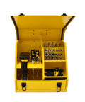 Badass Heavy Duty Steel Portable Toolbox Bright Yellow Compact 15x10 Job Site with organized sockets and drill nook open view.