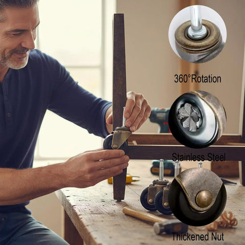 Person installing Badass Heavy Duty 2 Inch Antique Furniture Casters Roll Smooth As Silk With Zero Squeak Nonsense using stainless steel.