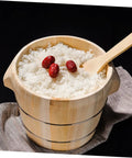 Premium Handcrafted Wood Steamed Rice Bucket With Lid, Round Beige Cask Storage Bin with rice and red dates.
