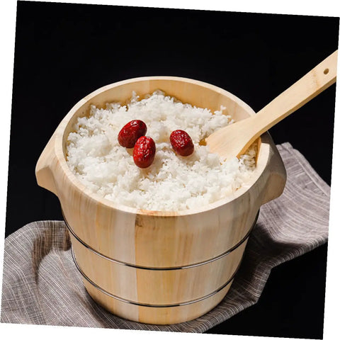Premium Handcrafted Wood Steamed Rice Bucket With Lid, Round Beige Cask Storage Bin with rice and red dates.