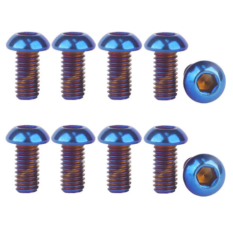 Kickass Titanium Finish M6 Stainless Steel Hex Bolts And Socket Screws For Motorcycle And Car Customs Hella Tough And Corrosion Resistant Burnt Blue Heads Pack Of Ten, top view arrangement.