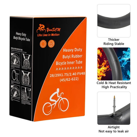 Heavy Duty Bike Inner Tubes For 28/29 Inch Wheels 28x1.75 To 2.40 And 29x1.75 To 2.40 FV48mm Presta Valve 2 Pack packaging