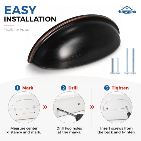 Slick Oil Rubbed Bronze Cup Pulls For Kitchen Cabinets And Drawers 3 Inch Hole Centers installation steps with screws.