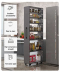 Seven Tier Narrow Rolling Cart With Slick Casters Fits Snug In Tight Kitchen Corners Hella Sturdy Slim Storage Rack With Sure Grip Handle And Bold Red Finish For Cooking Essentials in a modern kitchen.