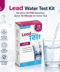 Straight Up Lead Water Test Kit For Tap And Well Water To Check Your Home And Protect Your Fam With 5 Parts Per Billion Detection Sensitivity So You Know What Ya Drinking Is Safe At Home All Year Round, showing the kit packaging and a glass of water.